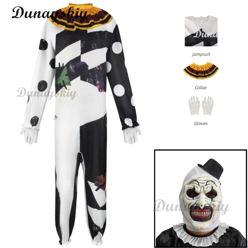 ใหม่ปาร์ตี้ฮาโลวีน Art Clown COSPLAY Terrifier คอสเพลย์เครื่องแต่งกายสยองขวัญ Clown Bodysuit หน้ากากชุดสูทผู้ชายผู้ใหญ่ที่กําหนดเอง