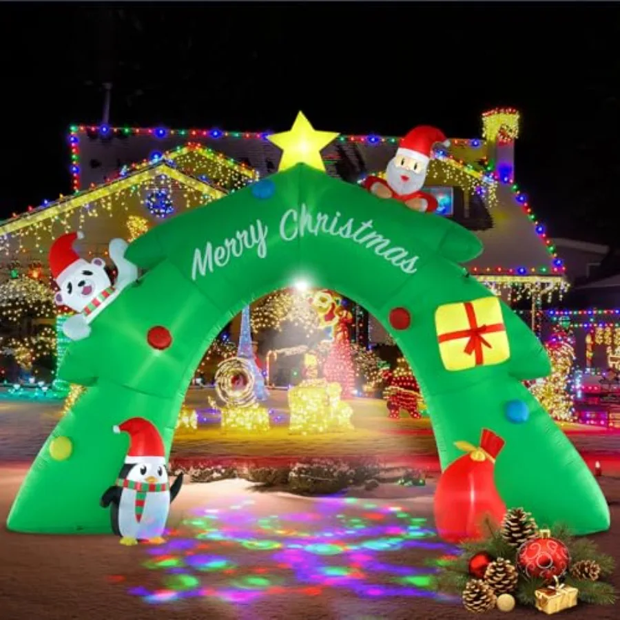 Yard, lawn, patio holiday decoration: 16FT inflatable Christmas tree arch with LED and kaleidoscope lights, weather-resistant P
