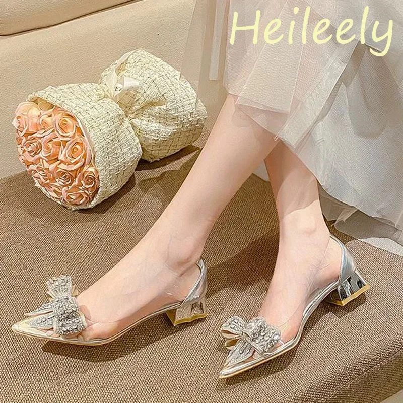 3cm Luxury Shoes Women Low Heels with Rhinestone Bow Pointed Toe Transparent Pumps Ladies Dress Shoes for Women 41 42 43