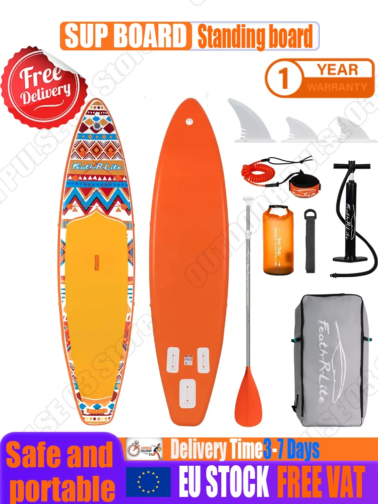 Aufblasbares Stand-Up-Paddle-Board (SUP) 350x83x15cm Orange Allround-Touring-Surfbrett mit Paddel, Pumpe, Rucksack, 3 Finnen, Leash, Riemen, rutschfestem EVA-Deck – Ideal für Anfänger, Yoga, Angeln,