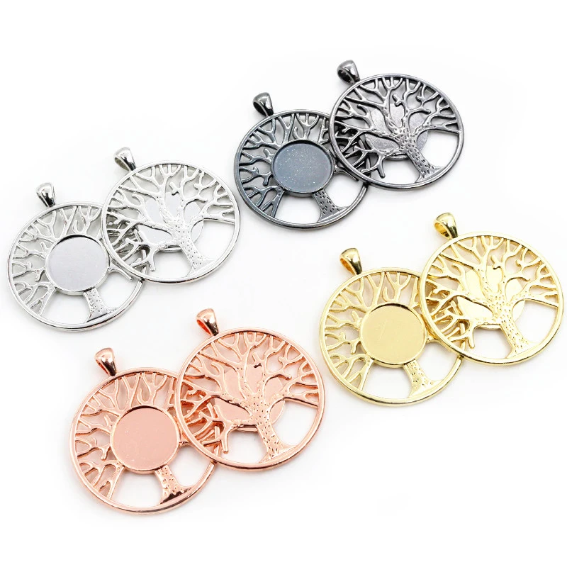New Fashion 14mm Inner Size High Quality Rhodium Gold Black Colors Plated Tree Style Cabochon Base Cameo Setting Charms Pendant