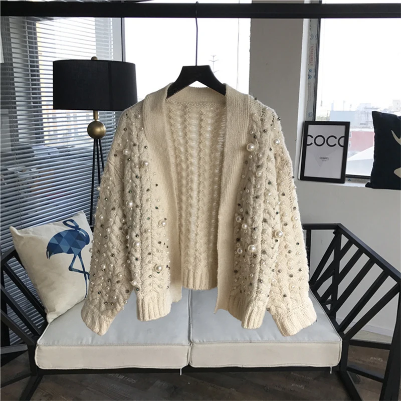 Good Quality Pearl Beading Sweater Cardigan Coat Handmade Diamonds Thick Coat Long Sleeve Autumn Winter Women Clothing 39922