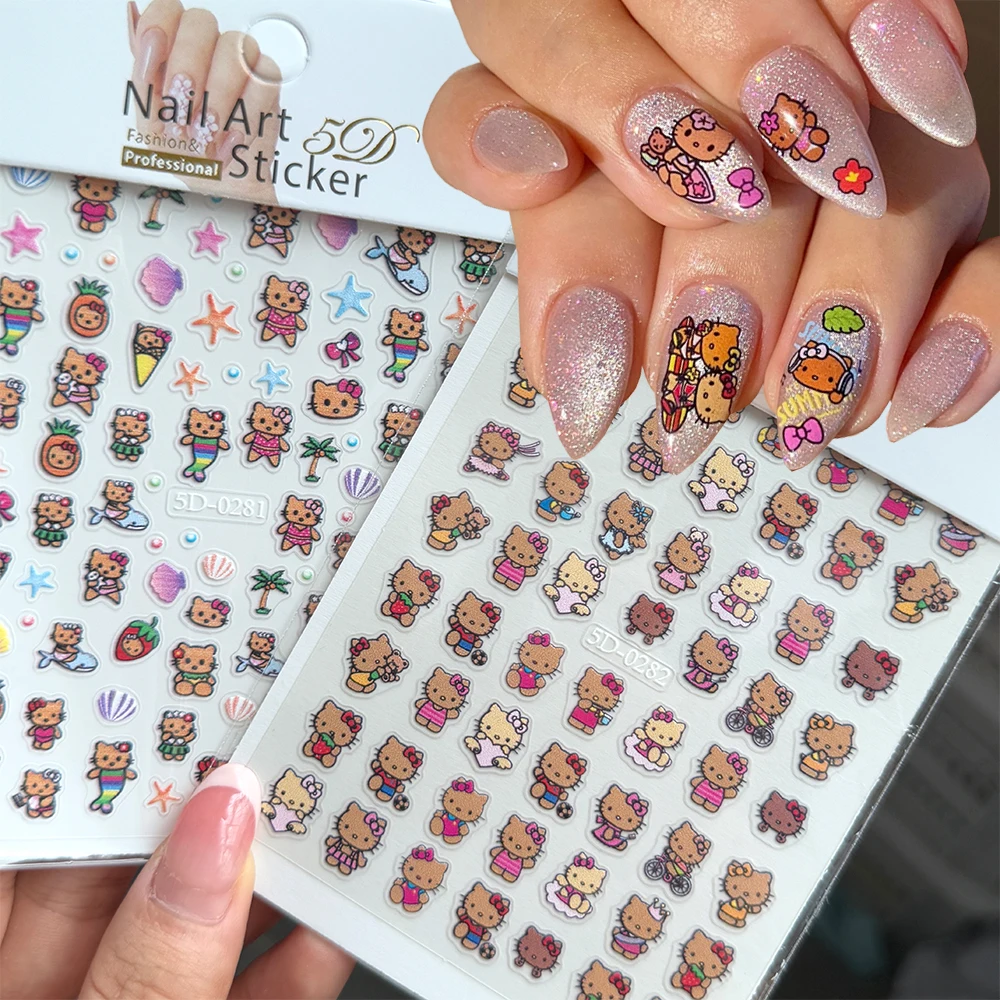 

2sheets 5D Tanned Hello Kitty Nail Sticker Lovely Summer Hawaii Kitty Cat Cartoon Nail Decal Y2k Black Skin Hello Kitty Nail Dec