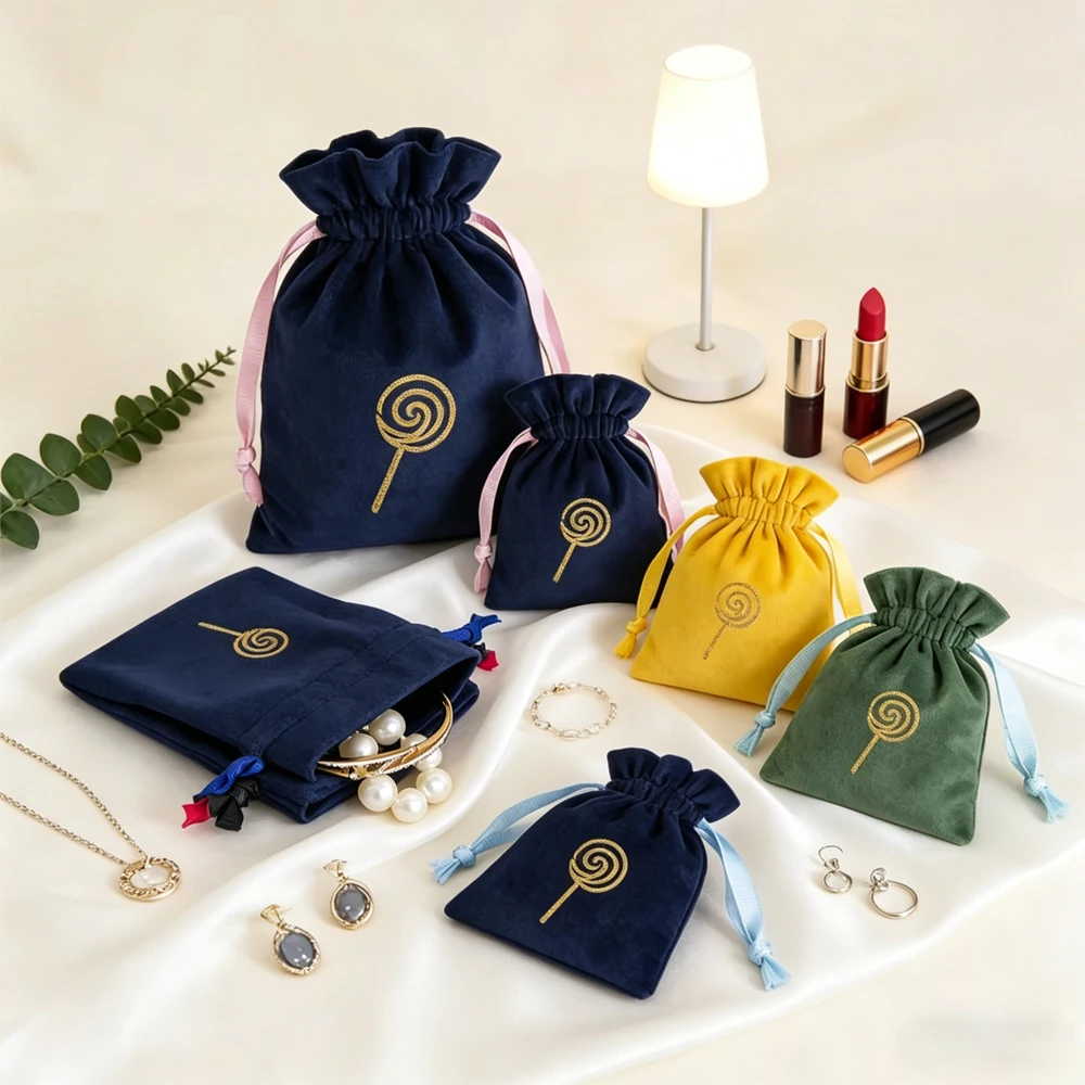 

Personalization 9x12cm Navy Velvet Pouches Gift Bags Ribbin Drawstring Jewelry Packaging Pocket Logo Earrings Makeup Perfume Bag