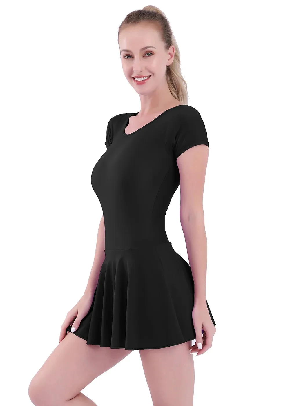 Vestido de balé para meninas, malha de ginástica, manga curta, roupa de dança com saias de chiffon, design de laço para mulheres adultas
