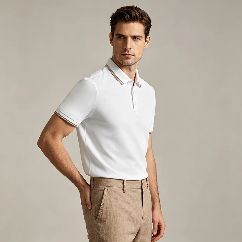 

Premium Luxury Fragrance Cooling Ice Silk Polyester Spandex Color Block Collar Thin Short Sleeve T Shirt for Man Polo Shirt