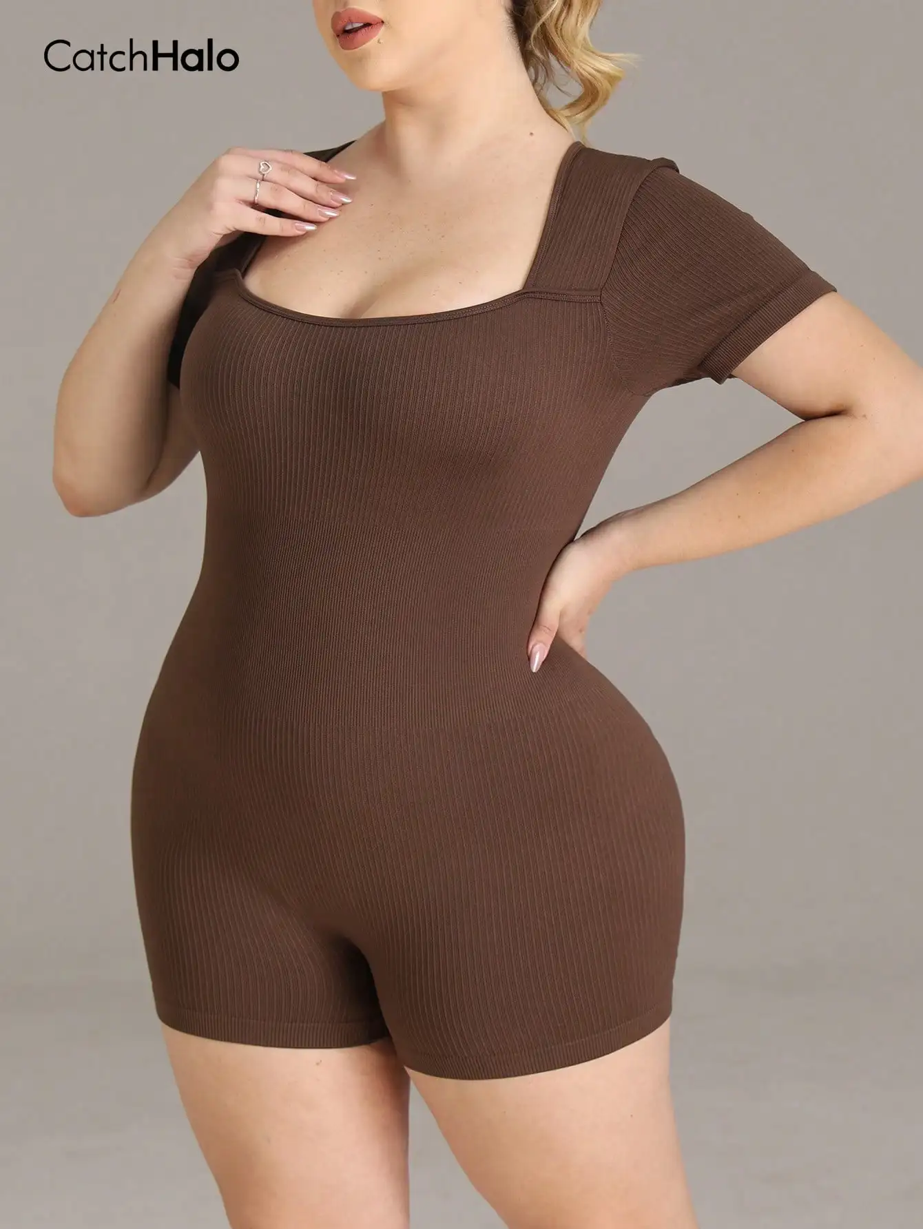 Plus Size Seamless Yoga Jumpsuit Women Square Neck Short Sleeve Gym Romper High Stretch Tummy Control Workout Bodysuit