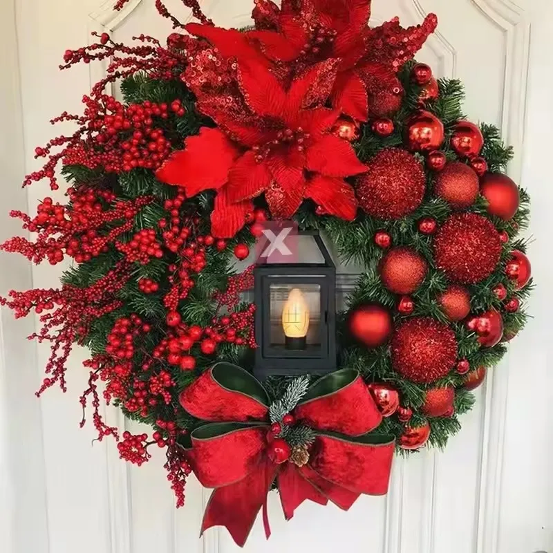 30cm Christmas Decoration Golden Wreath With Lamp For Front Door Red Ball Flower Garland Xmas Ornament Window Wall Hanging Decor