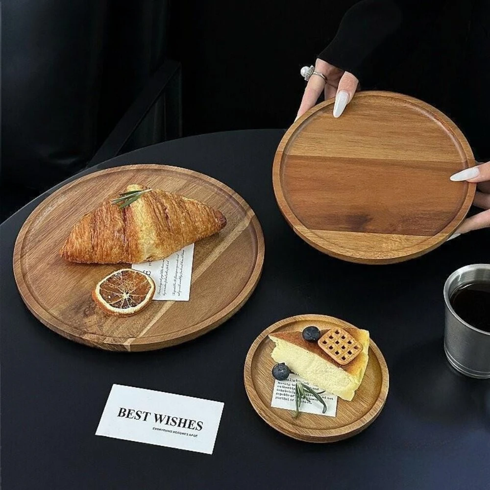 Acacia Wood Round Tray Coffee Shop Tea Tray Dessert Dessert Tray Storage Plate Home Decoration Kitchen Accessories