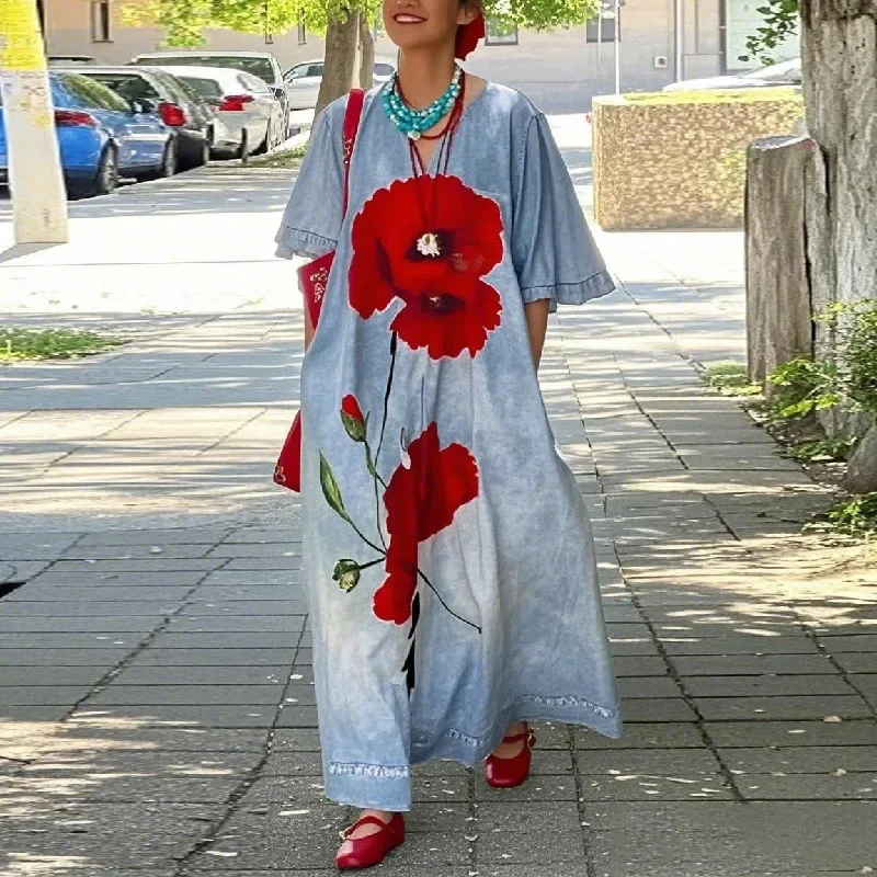 2026 Loose Flower Print Maxi Dress for Woman Not Denim Vintage Half Sleeves V-neck Women's Summer New Casual Vacation Long Dress