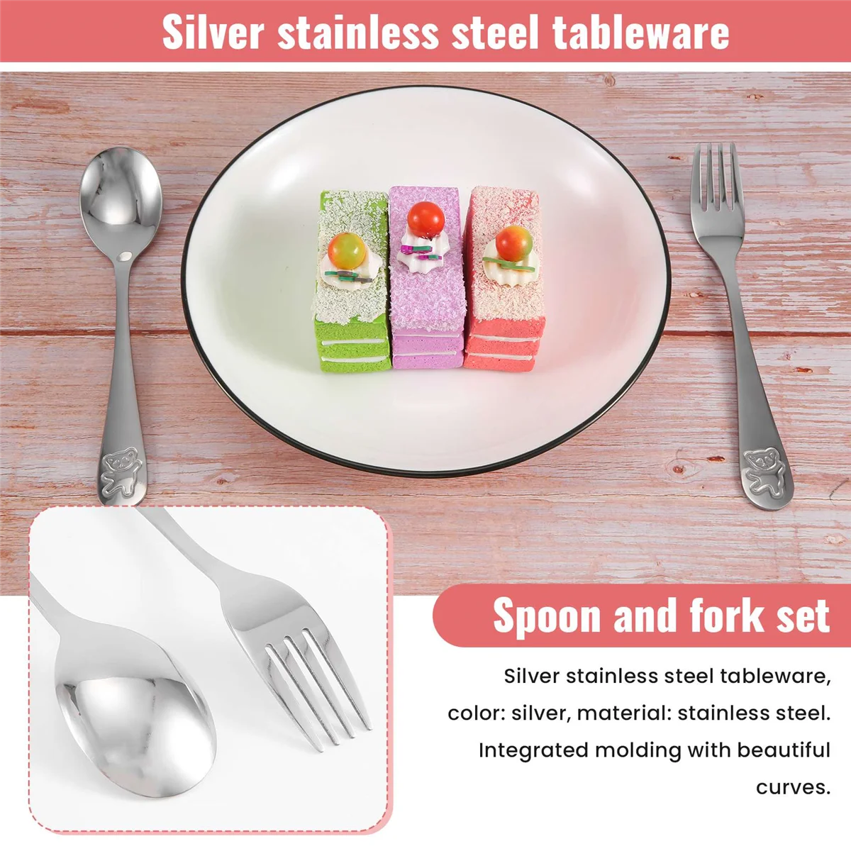 Set sendok dan garpu anak, peralatan makan logam Stainless Steel keamanan beruang untuk anak