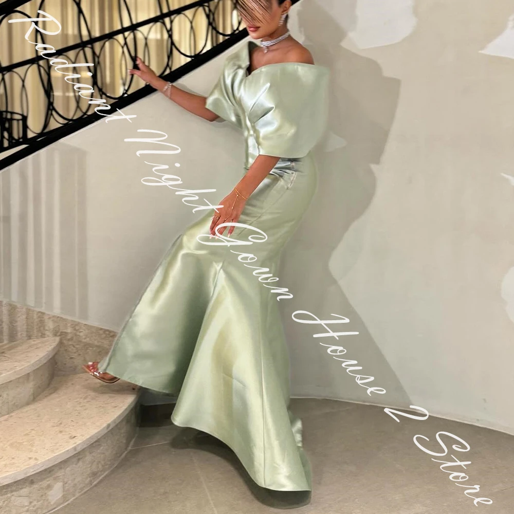 Customized Satin Mermaid Off the Shoulder Evening Dress V-Neck Half Sleeves Side Slit Floor Length Panel Train Exquisite