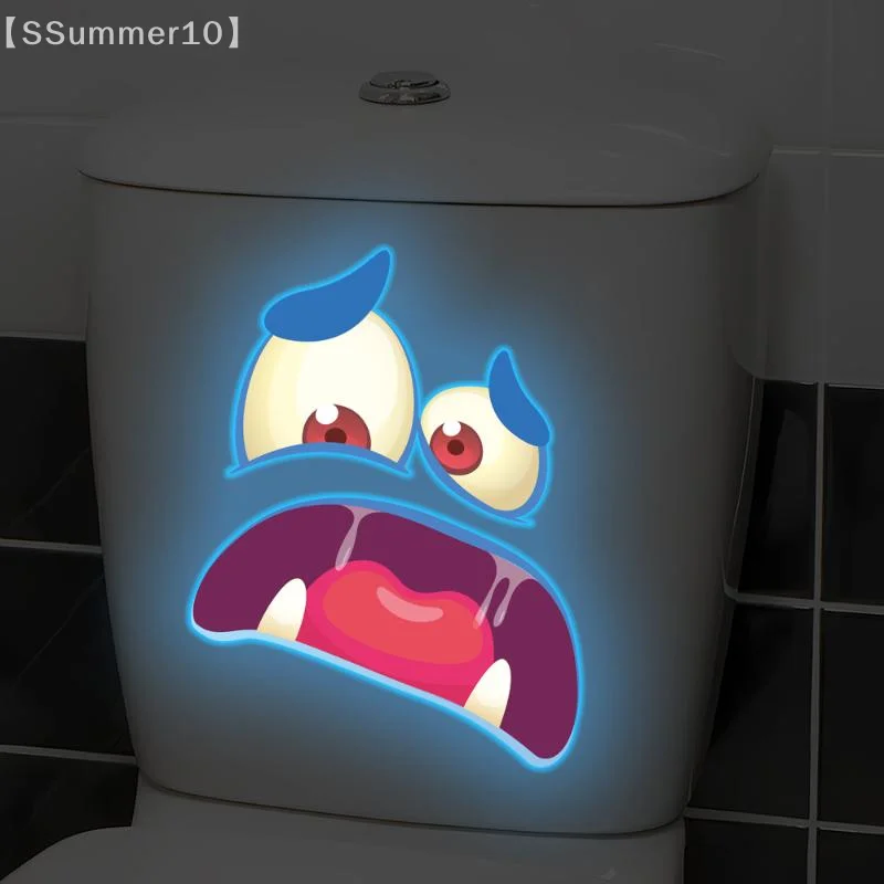 【SSummer10】Autocollant de toilette à expression amusante qui brille dans le noir, autocollants en PVC auto-adhésifs amovibles et imperméables, décoration murale de salle de bain