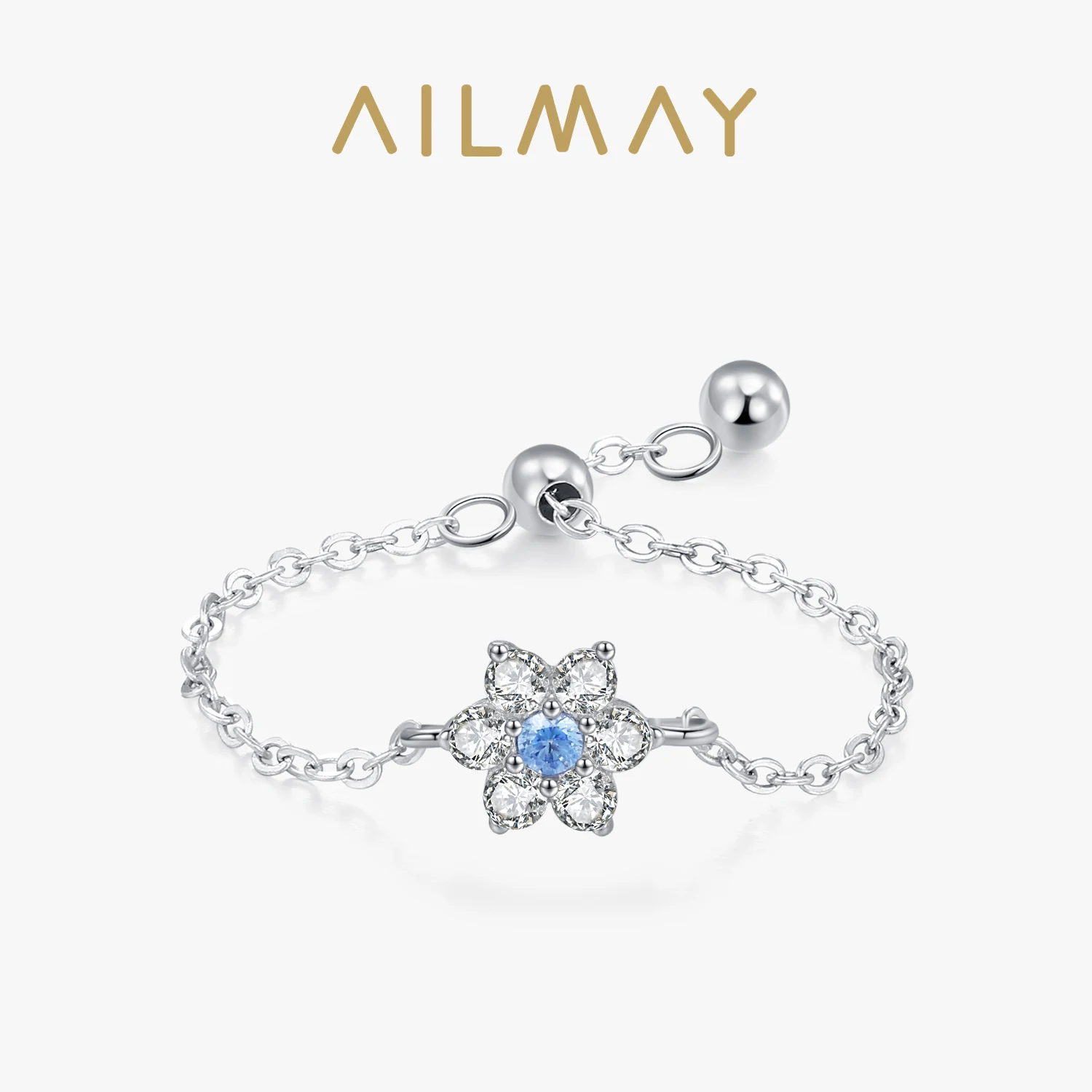 Ailmay 925 Sterling Silver Lovely Plum Blossom Flower Adjustable Chain Rings For Women's Vacation And Dating Wear, Gift