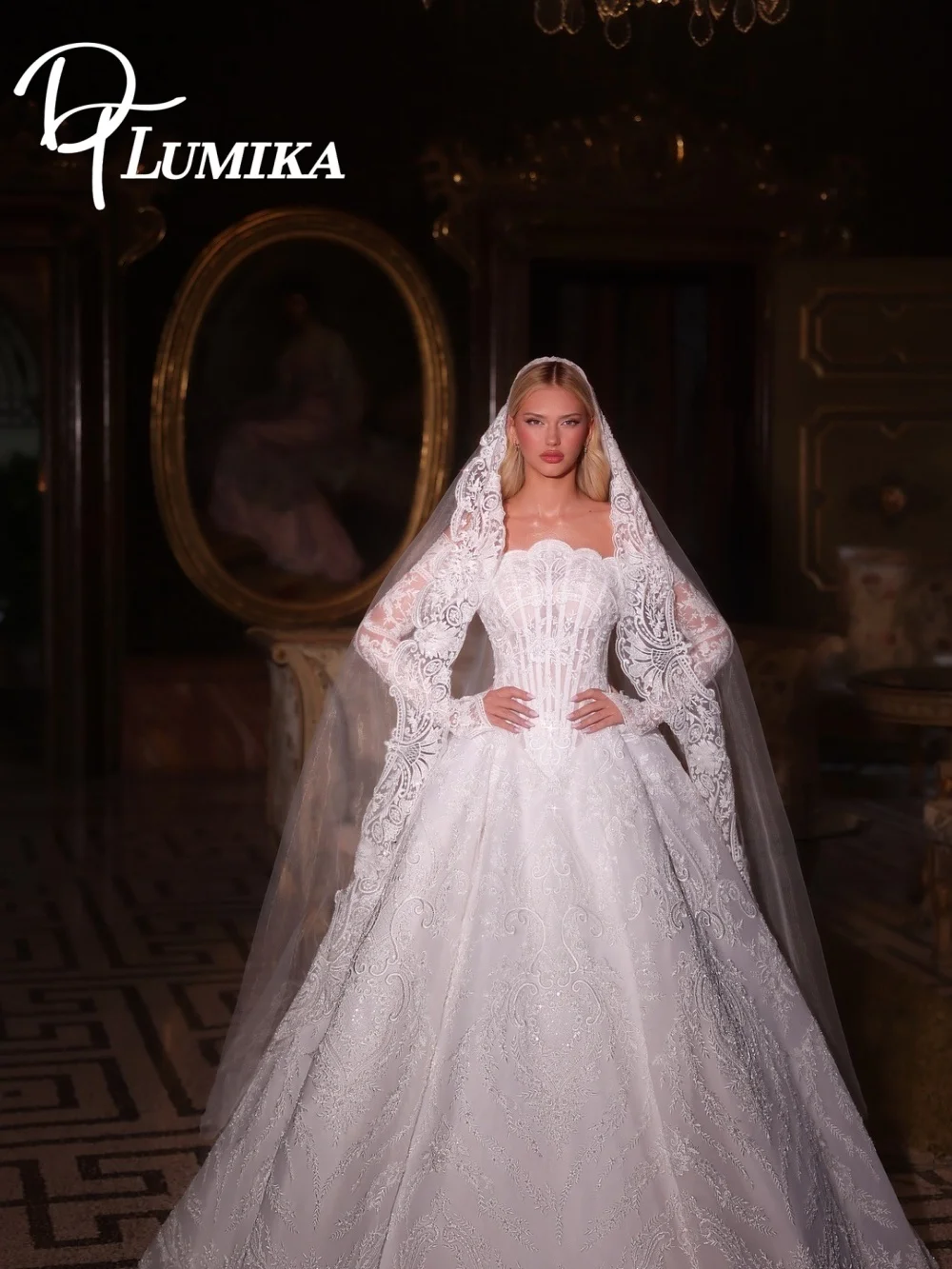 

Elegant Long Sleeved Lace Wedding Dress Fashion Off Shoulder A-line Bridal Dress Romantic Down Bridal Gown Vestitos De Novia