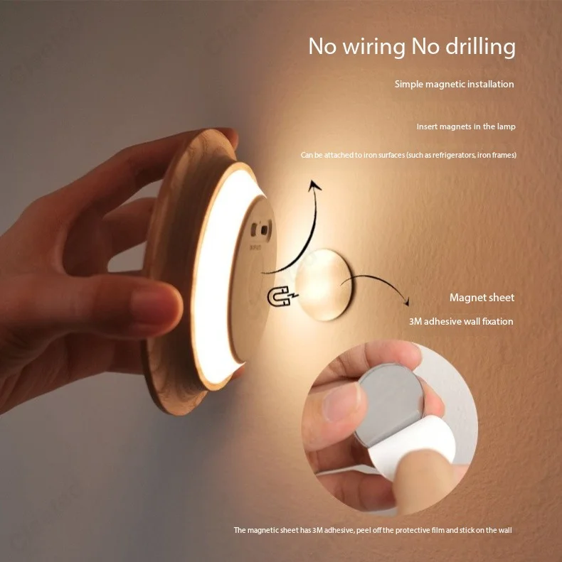 Gekoppelde inductielamp van het menselijk lichaam Massief houten wandlamp Magnetisch opladen Nachtlampje Gang Trap Slaapkamerverlichting