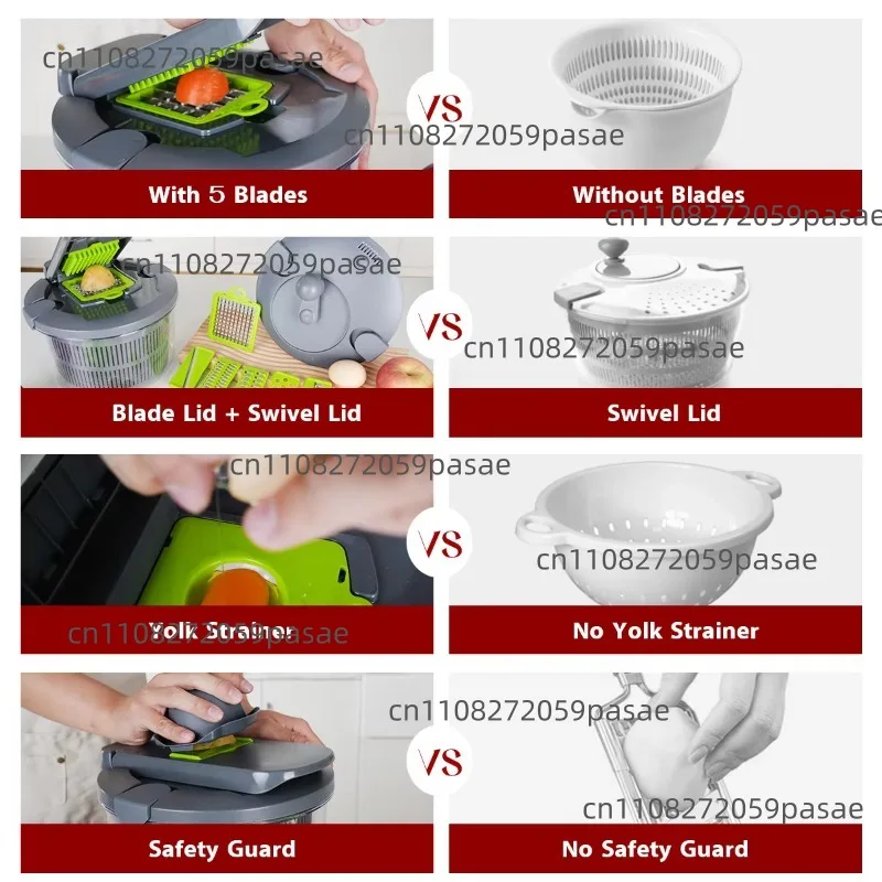 10-In-1 salad spinner with vegetable shredder, slicer, large-capacity lettuce dryer, egg separator and safety guard