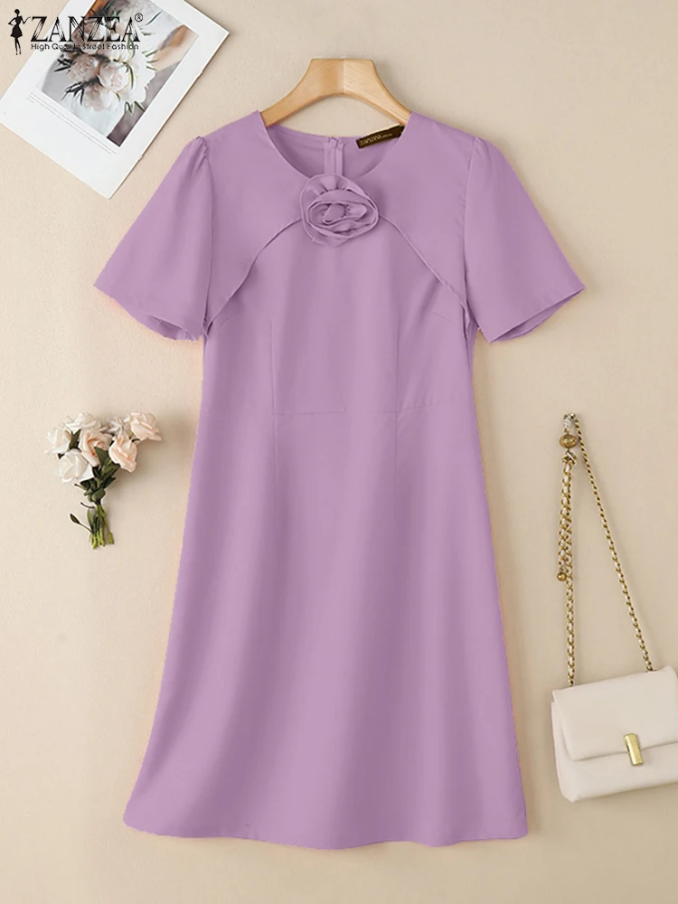 

ZANZEA Woman Commute Party Vestidos Fashion Summer O-Neck Fabric Flower Midi Robes Femme Elegant Short Sleeve A-line Dresses