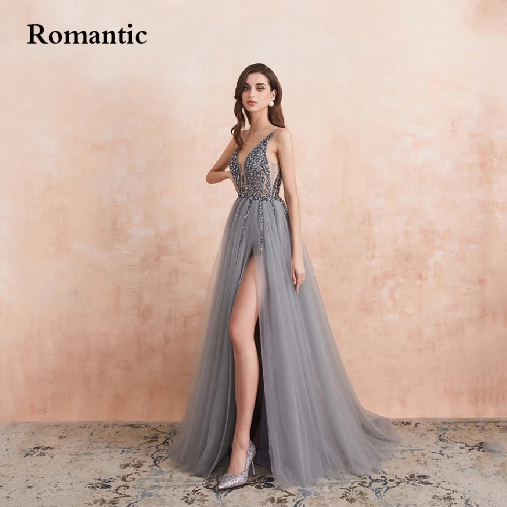 

Romantic Sexy Deep V Neck Long Evening Dresses A Line Beading Floor Length High Splits Spaghetti Strap Backless Party Dresses