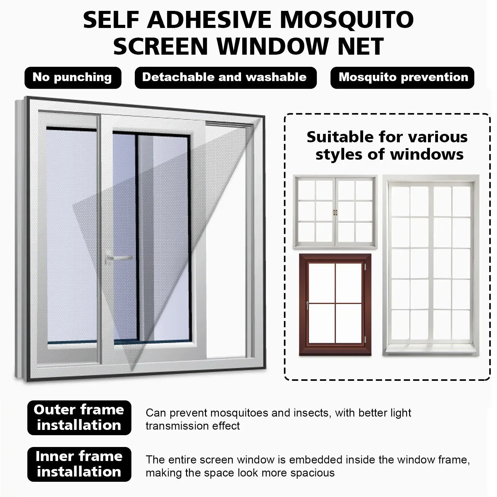 Anti-Fliegen-Moskitonetz, selbstklebendes Fliegen-Moskito-Fensternetz, Netz, Moskito-Insekten-Insektennetz, Vorhänge für Fenster – Detail 6