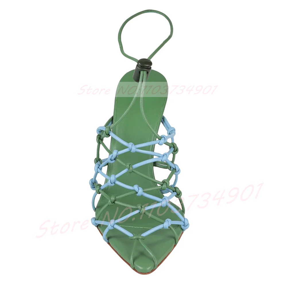 Woven Knot Cage Toe Stiletto Sandals Women Green Leather Color-Blocking Slingback Ankle Tie Shoes Fashion High Heels Sandals