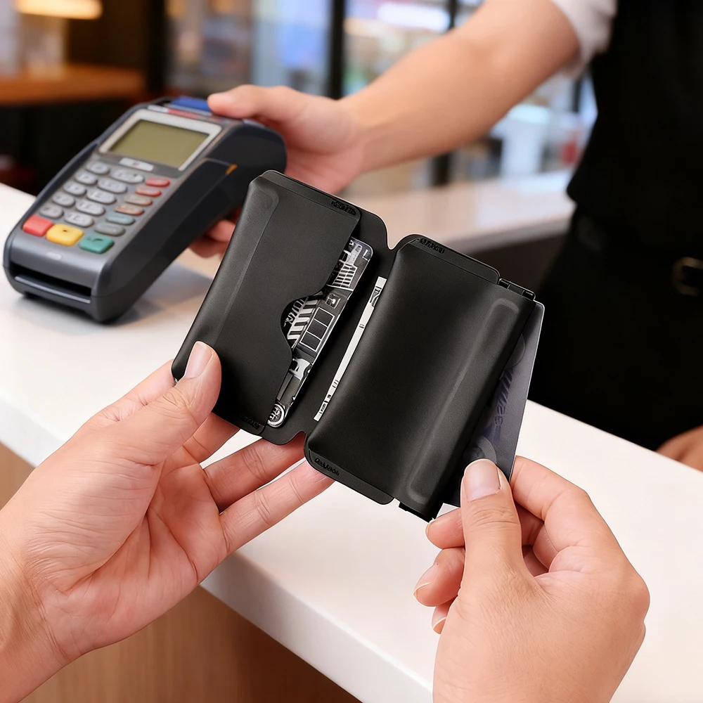 Trendy and Fashionable Tpu Material Foldable Wallet with Self-closing Coin Purse Slim ID Business Card Holder Magnetic Key Purse