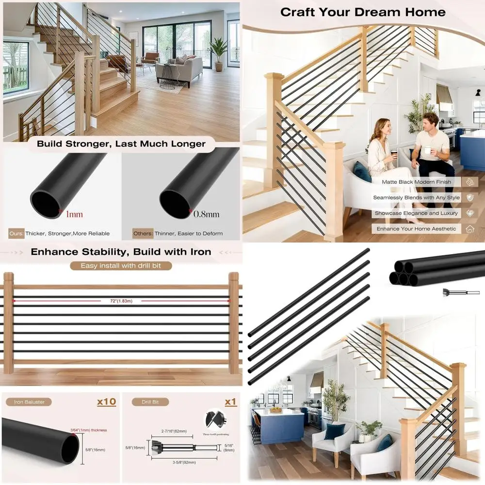 

6-Pack 5/8 Matte Black Hollow Iron Horizontal Balusters for Indoor Staircases and Hallways