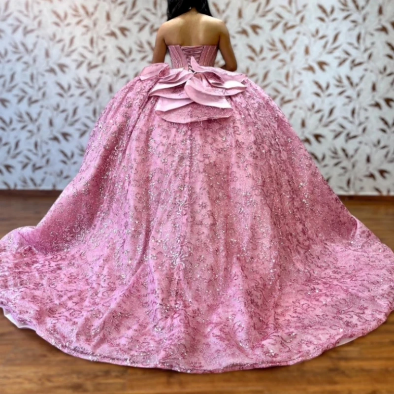 Pink Shiny Quinceanera Dresses Ball Gown Off The Shoulder Sequin Applique Beading Tull Party Birthday Sweet 16 Dress Vestidos 15