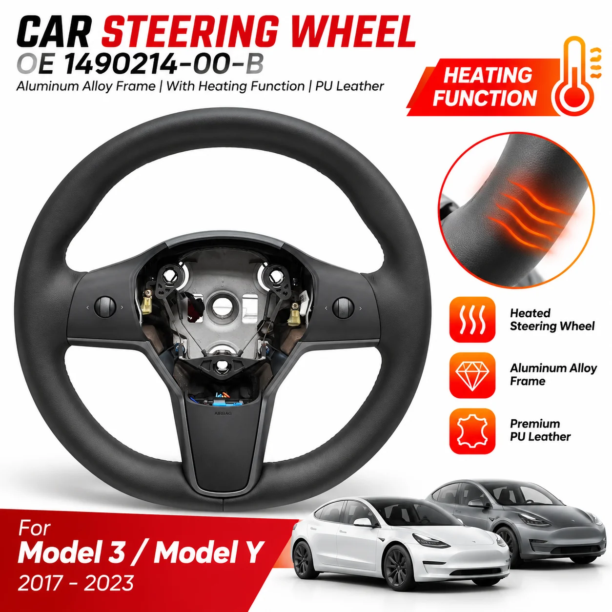 Car Steering Wheel OE 1490214-00-B Not Include Airbag Aluminum Alloy Frame With Heating Function For Model 3 Model Y 2017-2023 PU Leather Car Steering Wheel