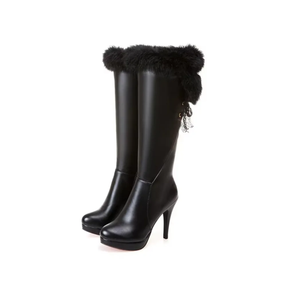 Women Platform Stiletto Knee‑High Boots,Furry Trim,Round Toe,Side Zipper,Soft PU Upper,Short Fleece Lining,Rubber Sole 703-6