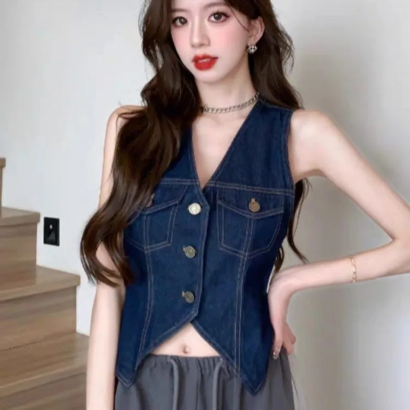 Chic Vintage V-neck Denim Vest Women Y2k Clothes Spring Summer Sleeveless Slim Tank Top Harajuku Single-breasted Cropped Jacket
