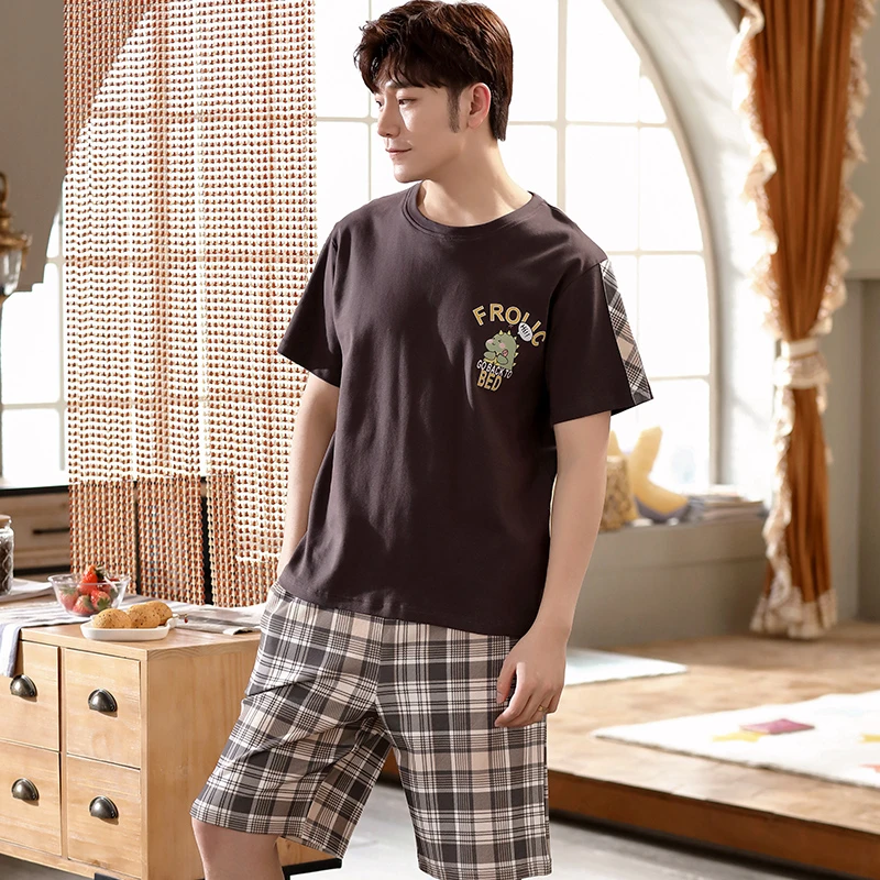 New Big Size Casual Pajamas Set for Men Summer Shorts Two Piece Comfortable Sleepwear Short Sleeved Loungewear Cotton Nightwear