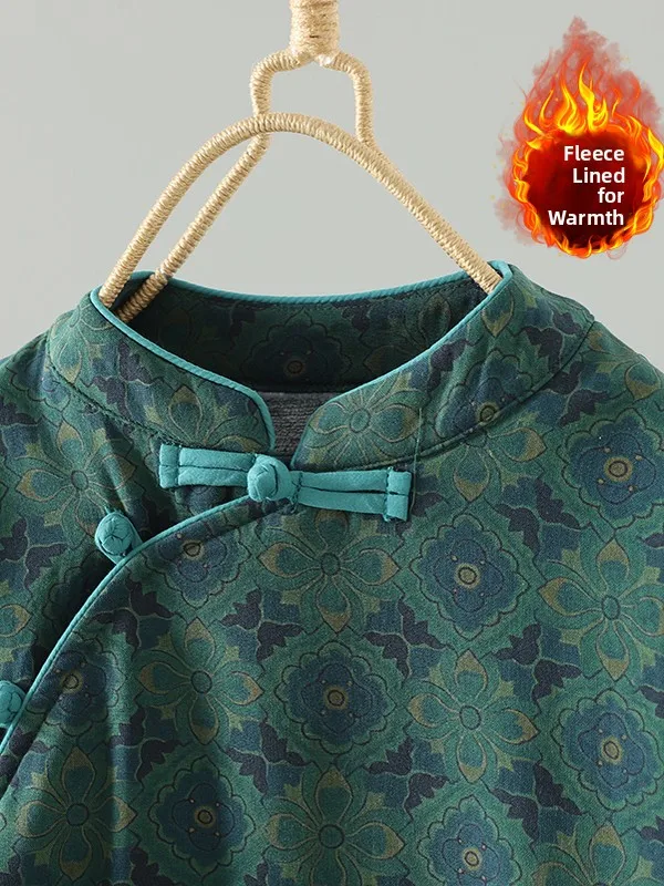 Retro Print Linen Fce Dr Large Size Women's 2025 Long Slimming Thiened Improved Skirt Warm Long Sve