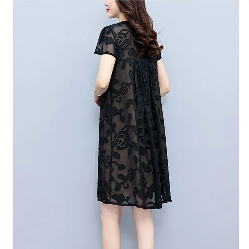 Verão feminino midi vestido 2023 novo solto de manga curta dupla camada gaze jacquard mãe vestidos feminino v-neck festa vestidos