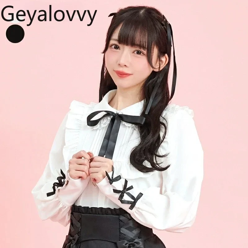 

Spring Autumn Bottoming Shirt Sweet Cute Girls Japanese Fungus Edge Blouse Bow Tie Love Pendant Doll Collar Long Sleeve Tops