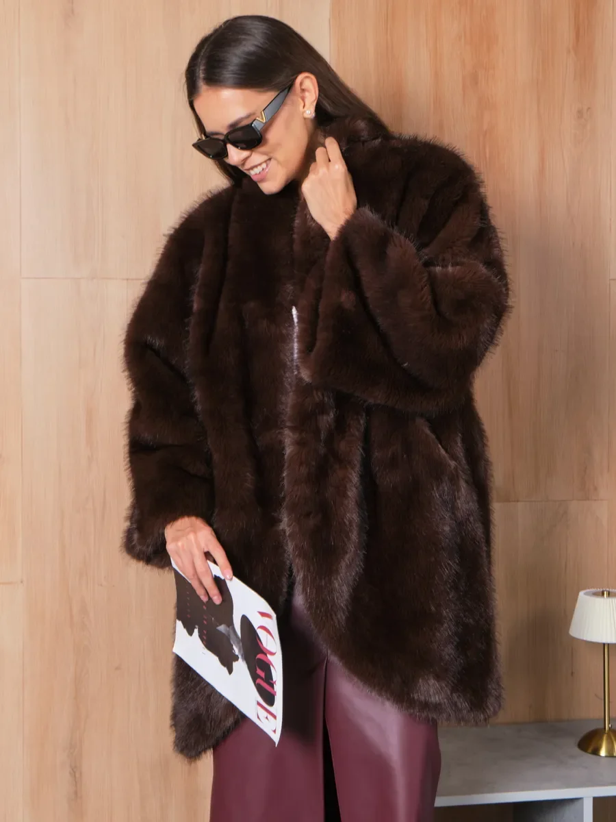 LIMO Women Mid‑Length Faux Mink Fur Coat Stand Collar Open Front Oversized Loose Wide Sleeve Plush Outerwear