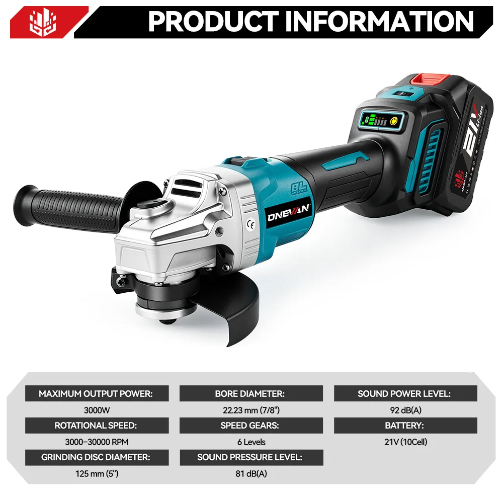 ONEVAN 125MM Brushless Electric Angle Grinder 6 Gears Cordless PolishIing Grinding Cutting Power Tools For Makita Battery Pin