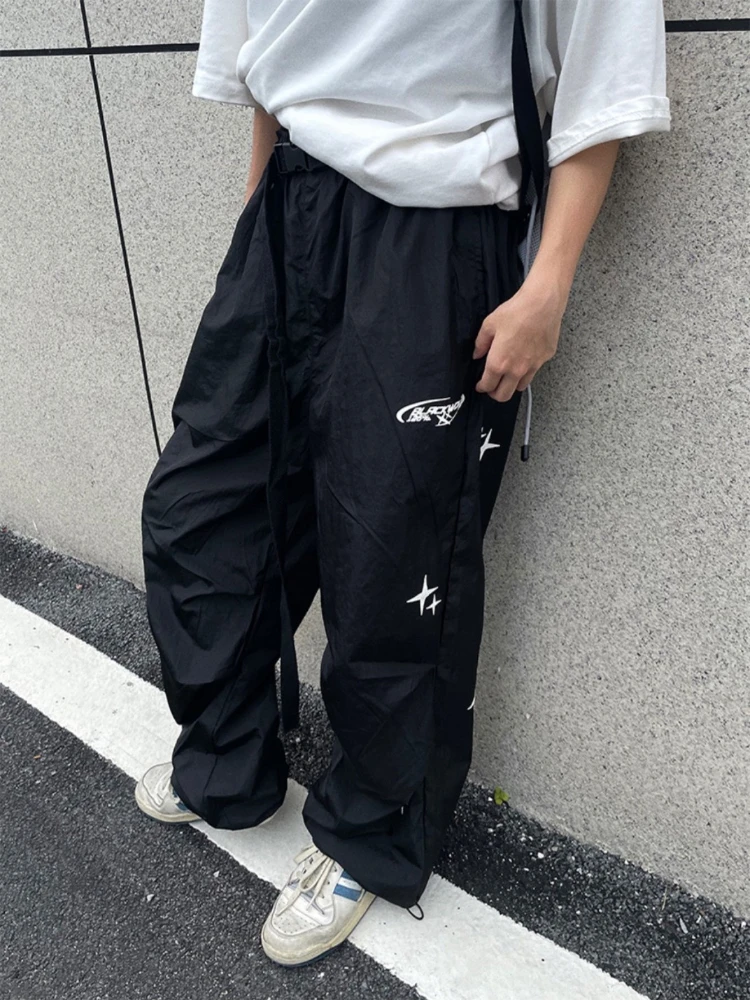 Deeptown Parachute Pants Women Black Vintage Harajuku Oversized Wide Leg Joggers Hippie Street Baggy Sweatpants Casual Trousers