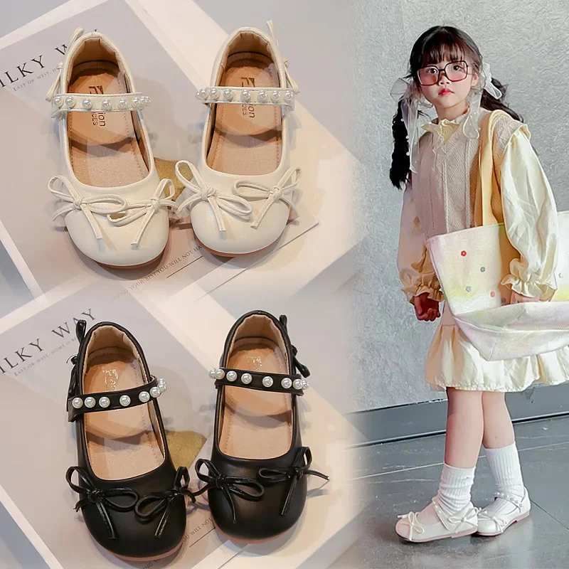 

Kids Performance Shoes Black Beige Matte Girls Princess Shoes with Bows 2025 New Fashion Children Leather Shoes Sweet Ins Trendy