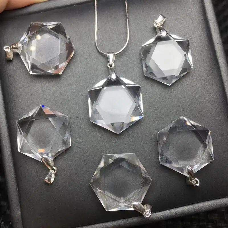 

S925 Natural Clear Quartz Hexagram Pendant Necklace Women Trendy irregularity Chain Jewelry Gift 20MM