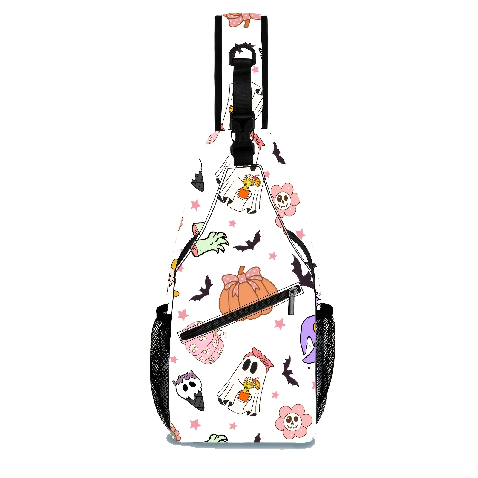 1 Unique Design, a Quirky and Playful Men's Multi-functional Chest Bag Featuring Halloween Elements Like Pumpkins, Ghosts