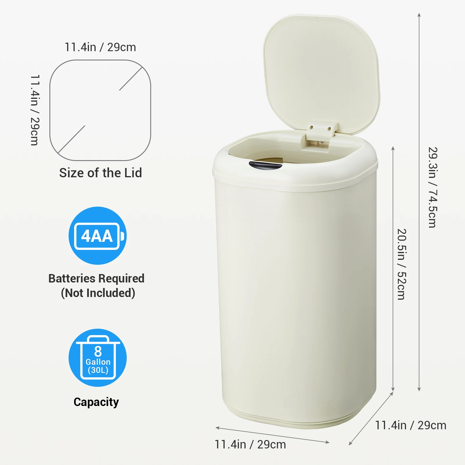 Touchless Motion Detector Trash Can, 8 Gallon Commercial Waste Bin, Stainless Steel, Automatic Lid, Fingerprint-Resistant, Cylindrical Design for Kitchen, Bathroom, Office, Cream White