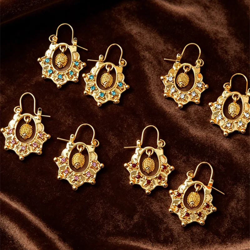Middle Eastern Pinecone Drop Earrings Multi-Color Gemstone Inlay Exotic Luxury Wedding Jewelry