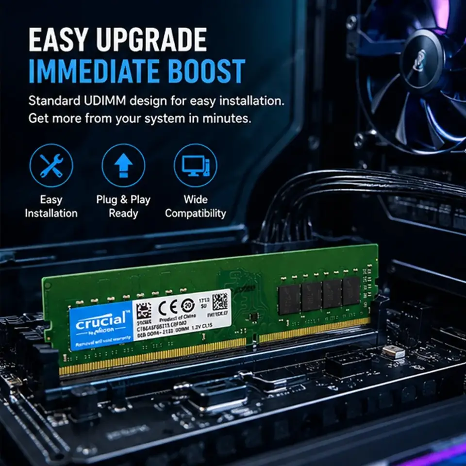 ذاكرة كروشيال لسطح المكتب RAM DDR4 بسعات 16/8/4 جيجابايت، ترددات 3200/2666/2400/2133 ميجاهرتز، DIMM 288Pin، غير ECC - 3