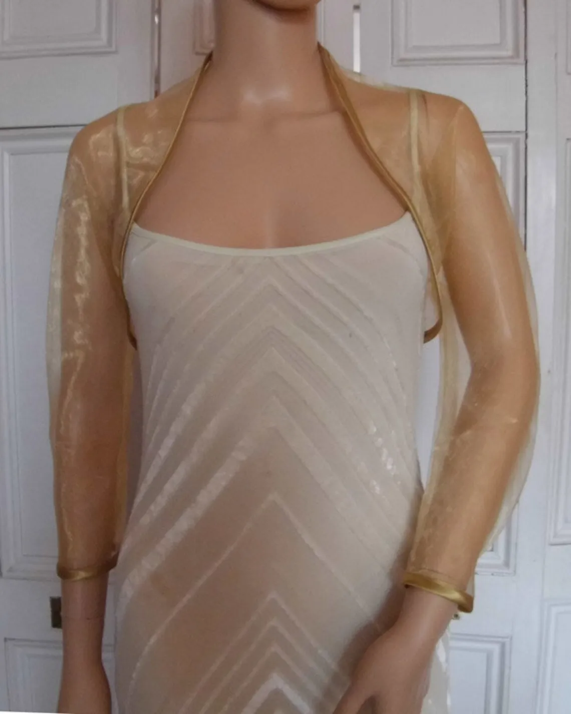 Organza kurtka ślubna z pełnymi rękawami złote bolerko panny młodej formalne przyjęcie wzruszenie ramion kobiety peleryna ślubna Wrap akcesoria wykonane na zamówienie — zdjęcie 5