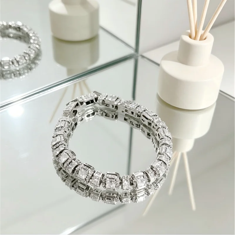 Luxury Silver Color Square Zircon Tennis Bracelet Thick Bling Crystal Link Bracelets Women Wedding Party Jewelry Gift