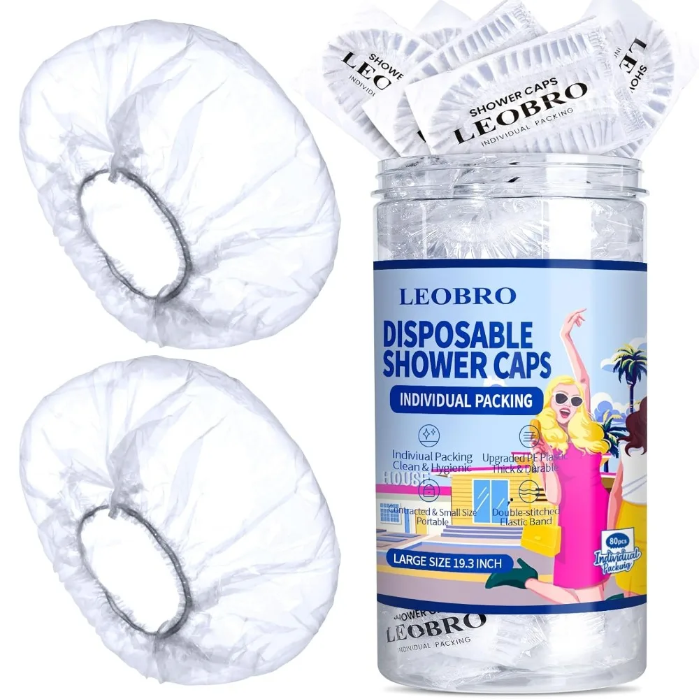 

Individually Wrapped Disposable Shower Caps, 80pcs Large Plastic Shower Caps for Women Disposable, Plastic Hair Caps for Travel, Hotel Use, Travel Essentials for Women, 19.3 INCH