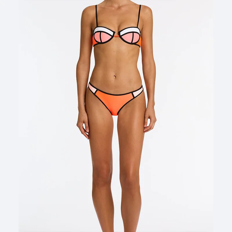 Women's Geometric Color Block Bikini Two-piece Set High-cut Thong Bottom Neon Orange Contrast Binding Swimwear Summer Vacation