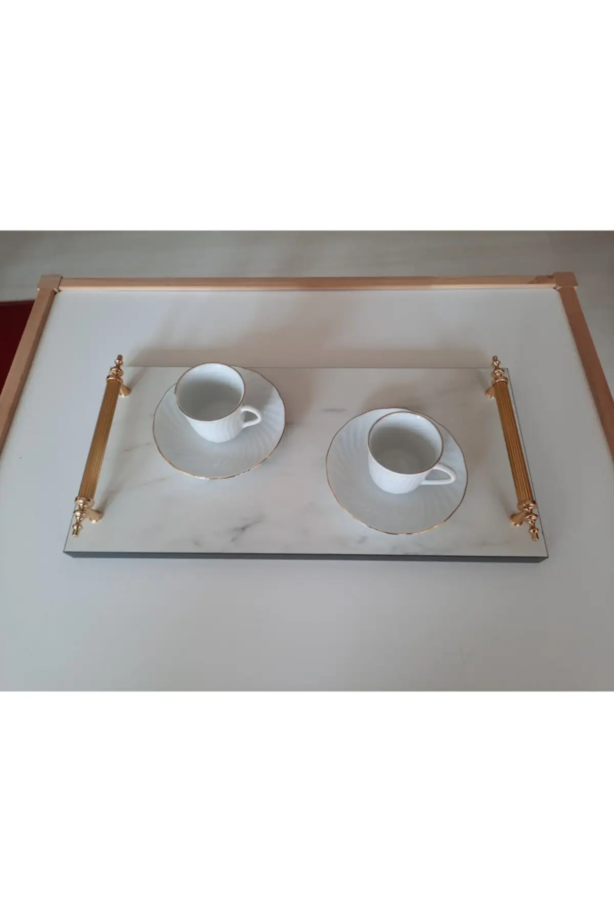 Wooden Marble Patterned Tea Coffee Presentation Holder Metal Groom Promise Engagement Tray Handmade