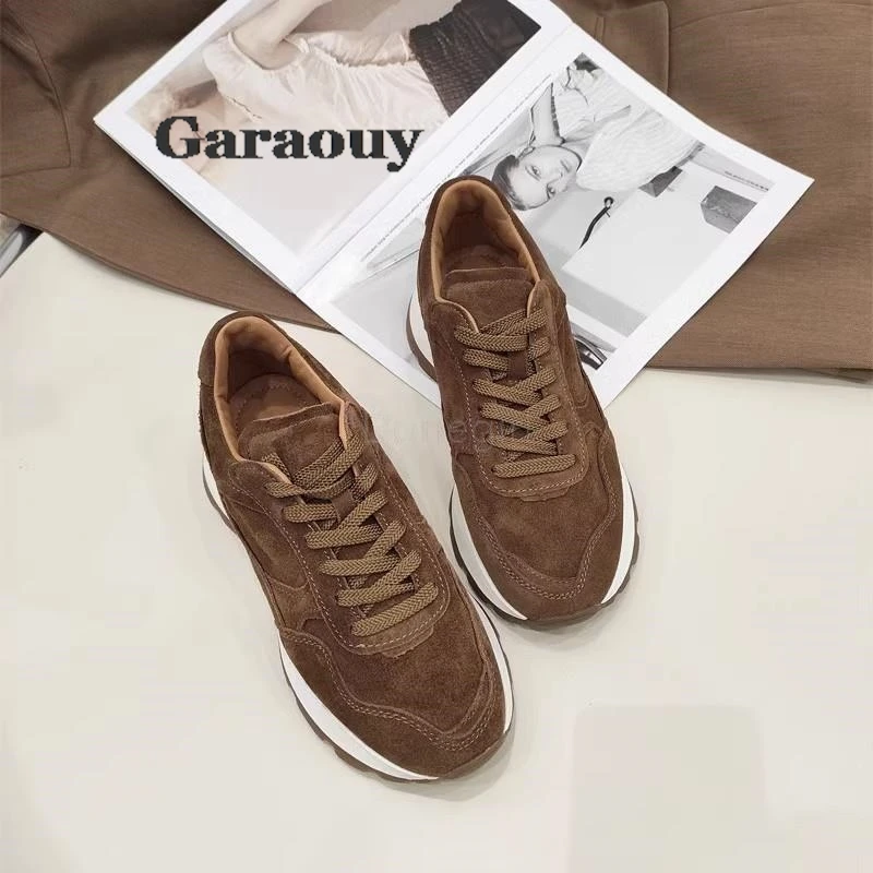 Garaouy 2024 New Women Spring Autumn Fashion Vintage Suede Lacing Flat Sneaker Simple Casual Versatile Thick Soled Shoes Female